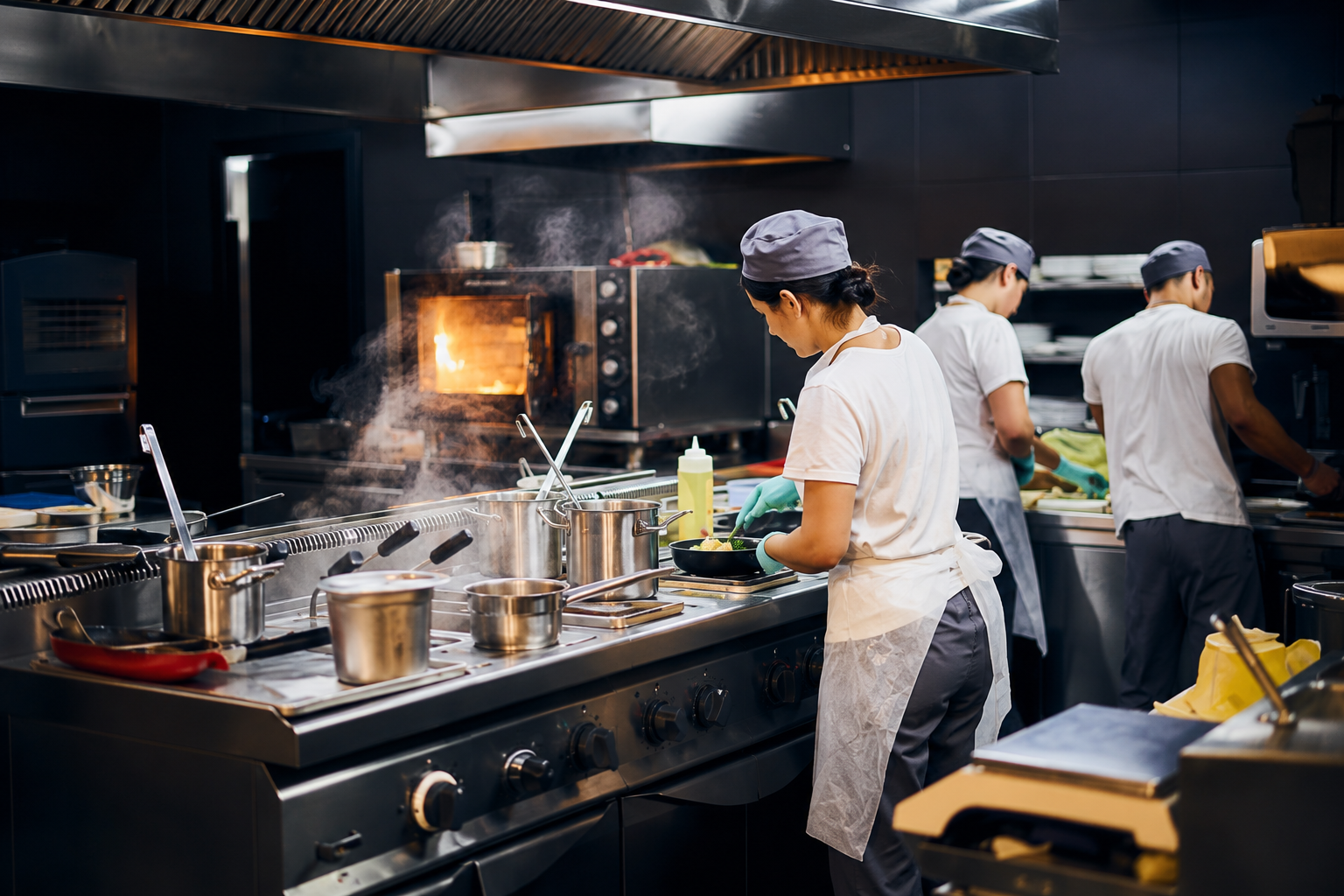Commercial kitchen staff at work in a professional restaurant kitchen
