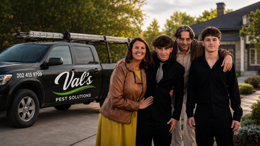 Family-owned Val’s Pest Solutions team standing beside a branded pest control work truck.