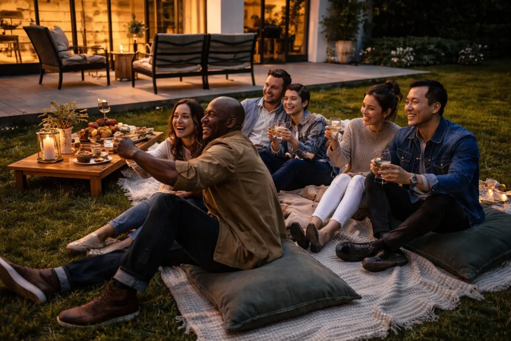 Family and friends enjoying a pest-free backyard after professional mosquito and outdoor pest control service
