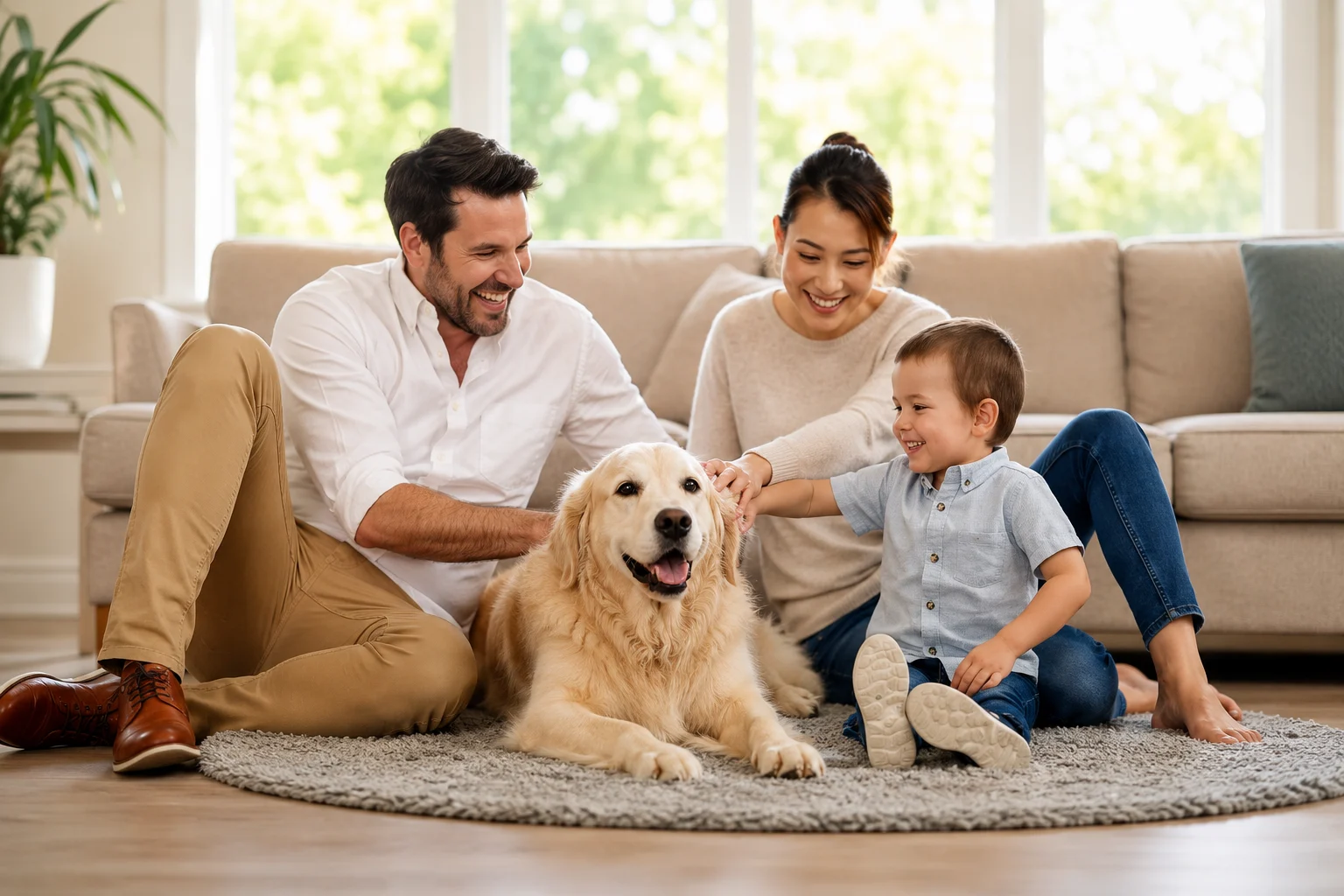 Family at home with their dog