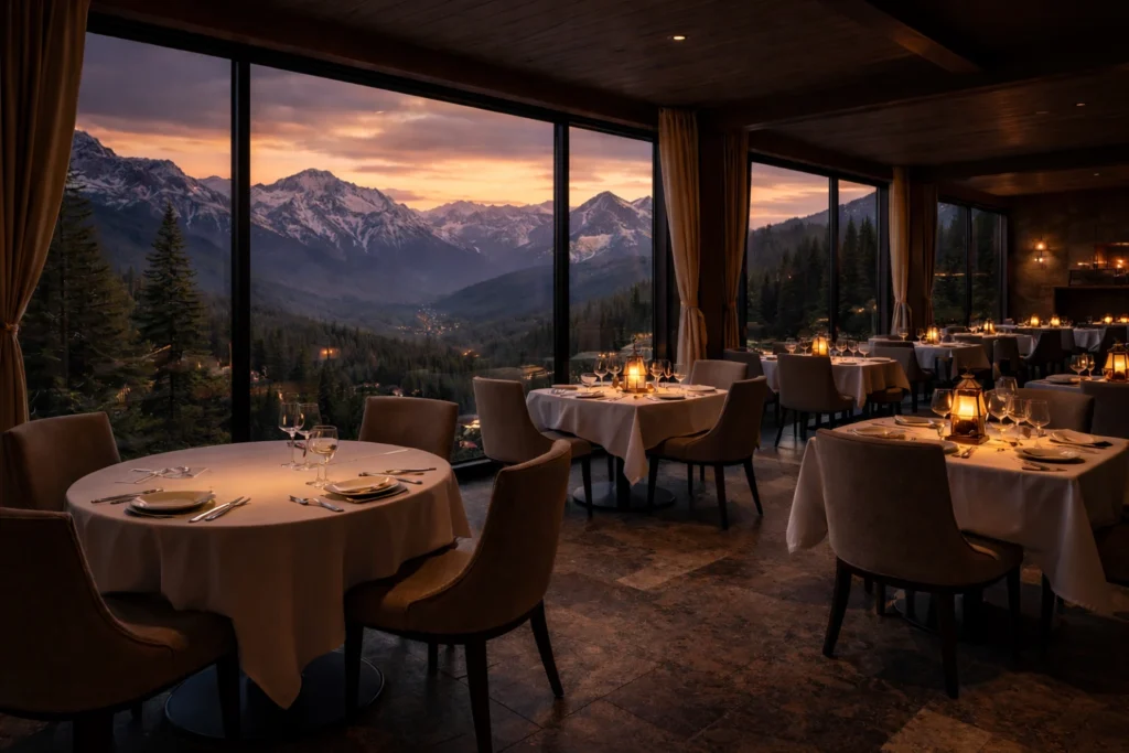 Twilight dinner with mountain views