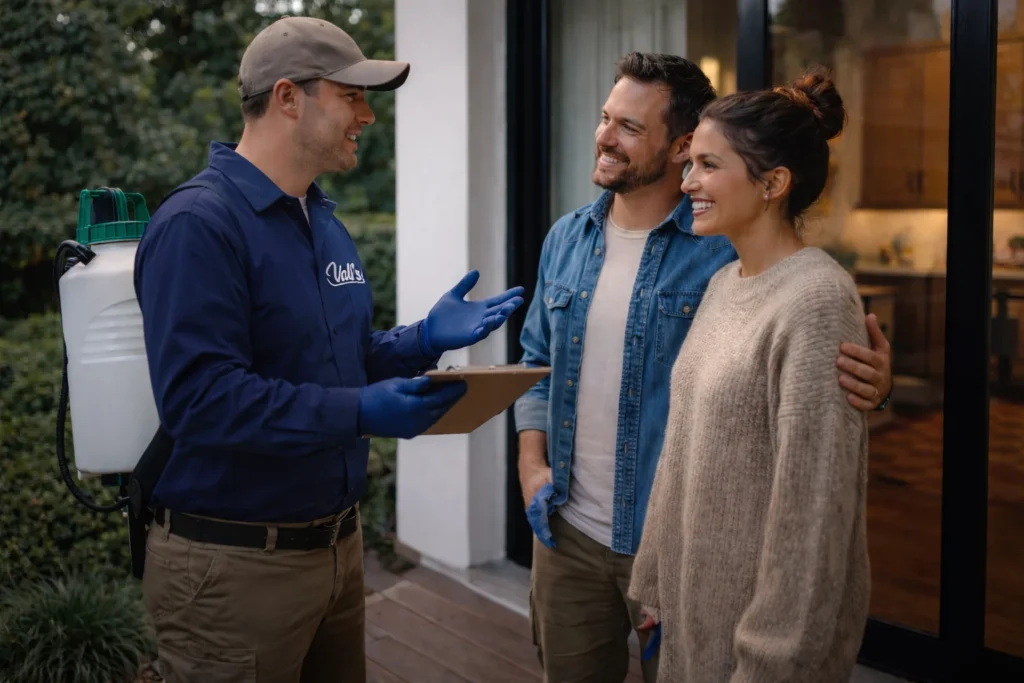 Happy homeowners with pest control technician after successful residential pest control service