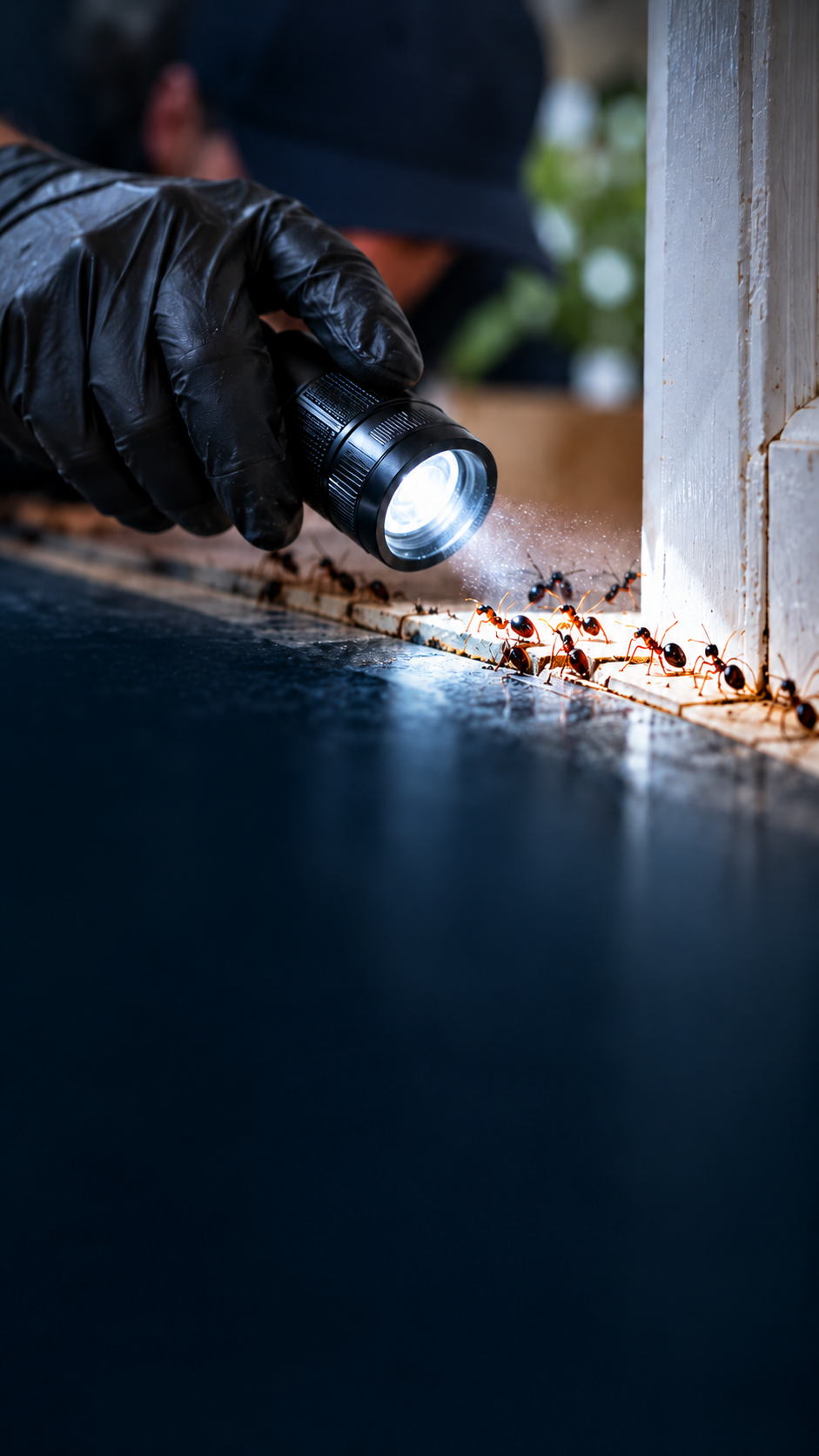 Technician inspecting ants along a window sill with a flashlight