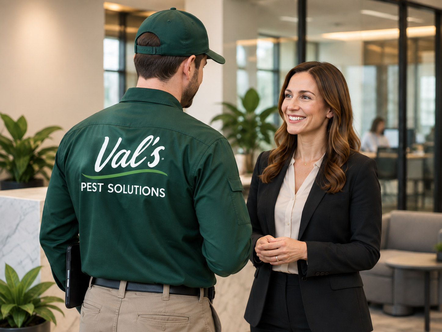 Val&rsquo;s Pest Solutions technician meeting with a business owner