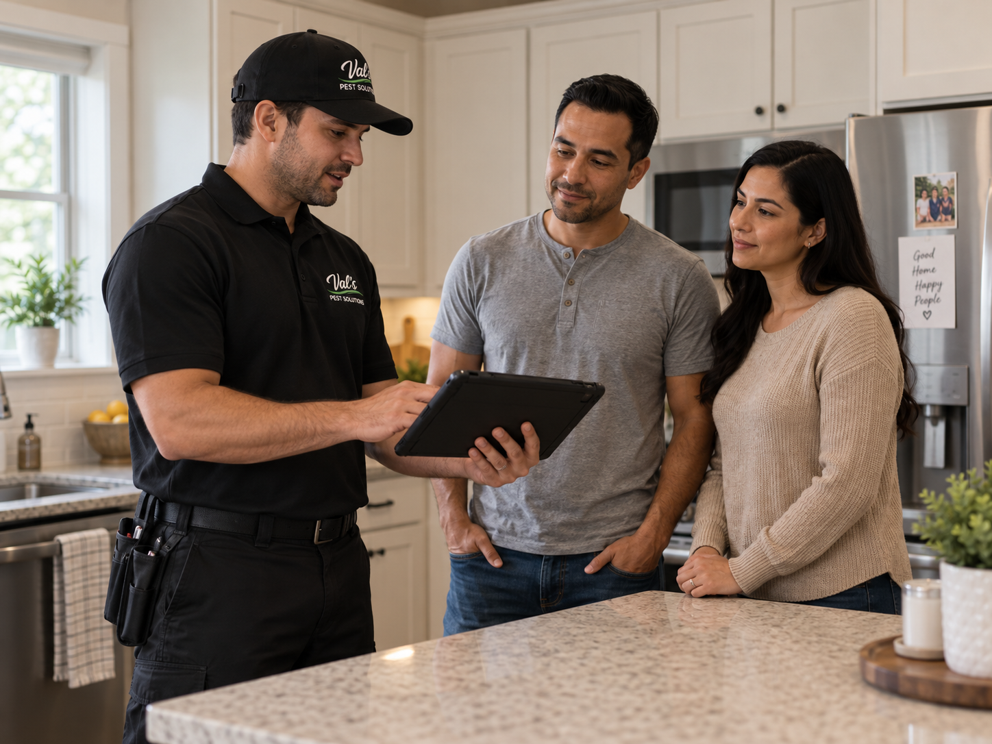 Pest control technician talking with homeowners