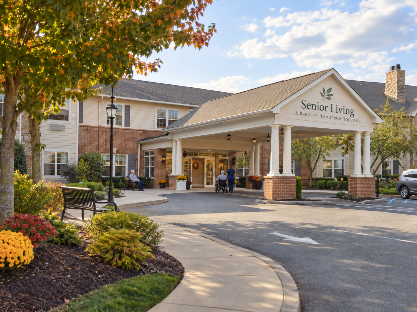 Commercial property with a covered entrance and landscaped grounds