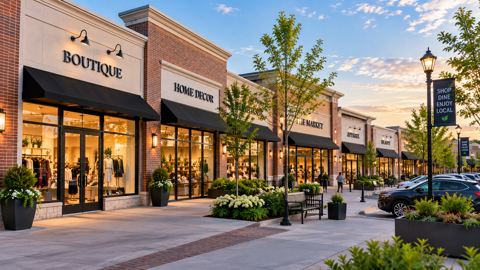 Retail storefronts along a shopping center