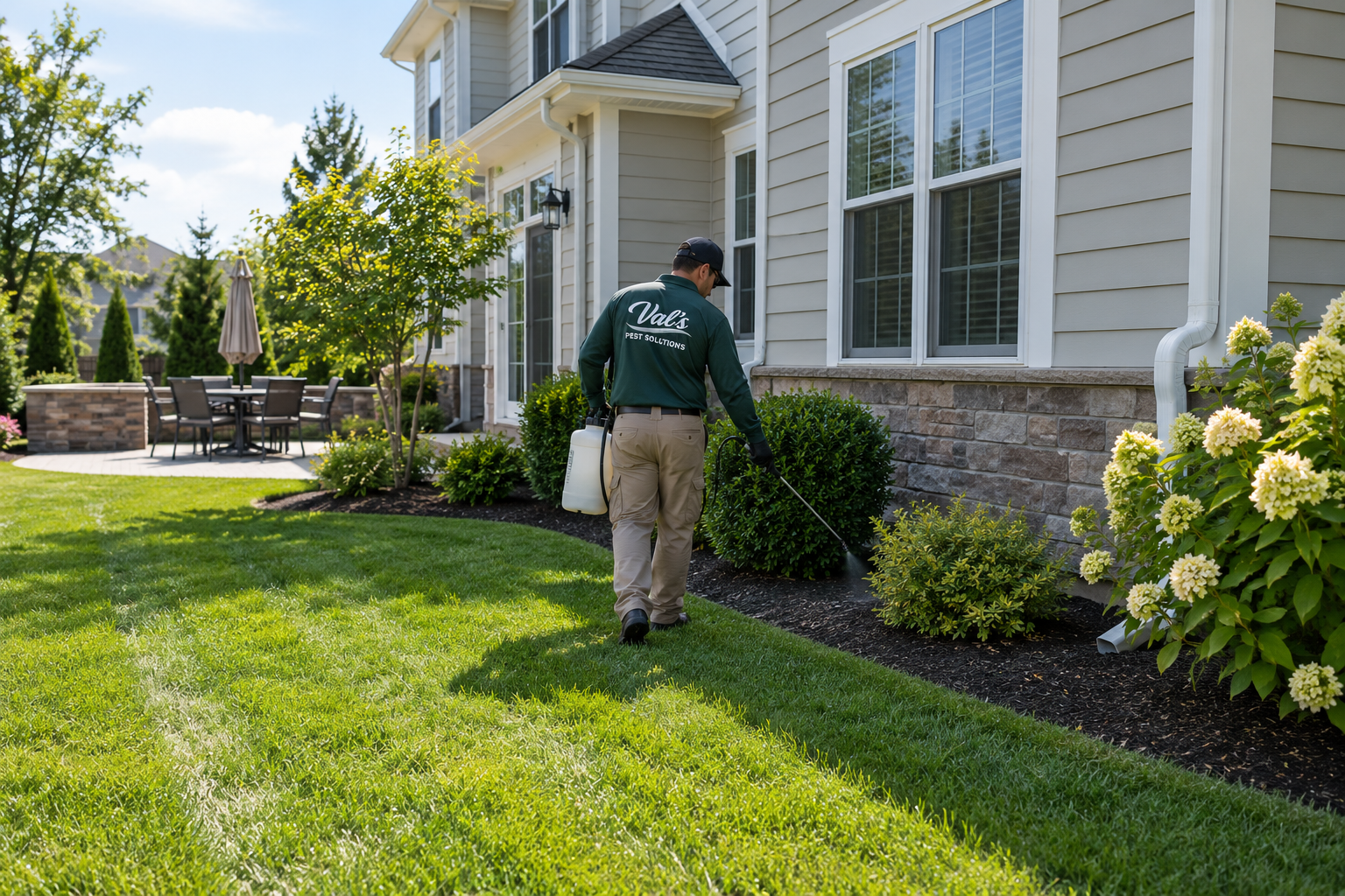 Pest control technician treating a residential yard