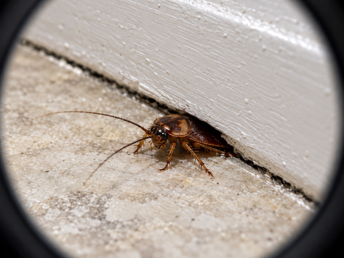 Cockroach emerging from a small gap between a residential floor and baseboard during a roach infestation.