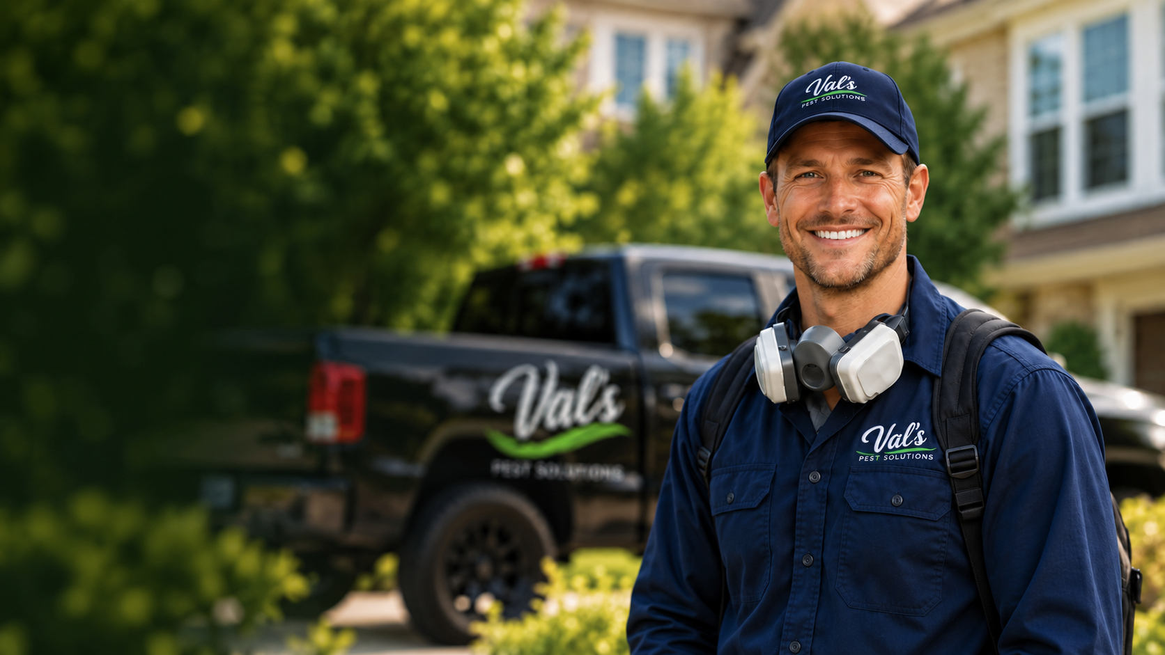 Val&rsquo;s Pest Solutions technician standing in front of a home and service van