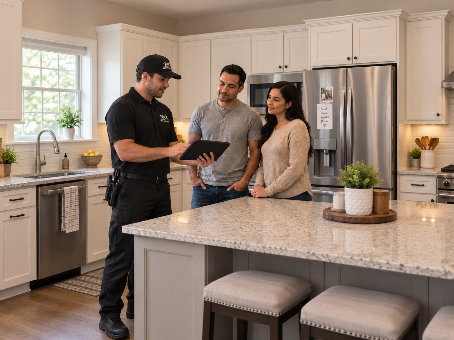 Pest control technician talking with homeowners