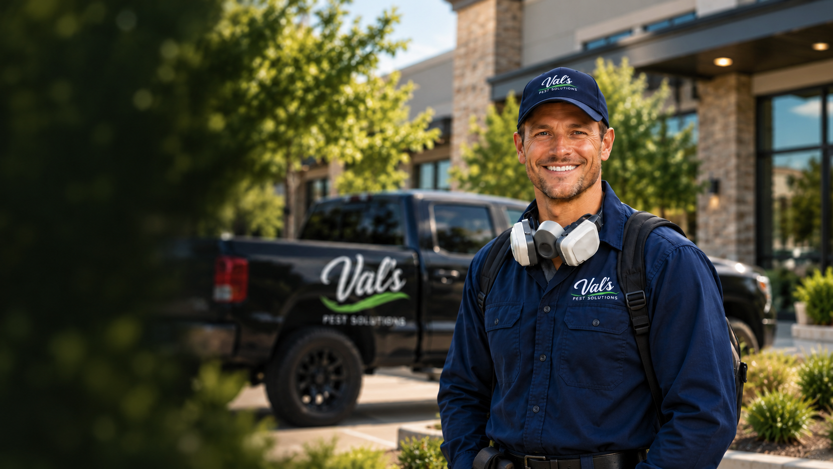Val&rsquo;s Pest Solutions technician standing in front of a home and service van