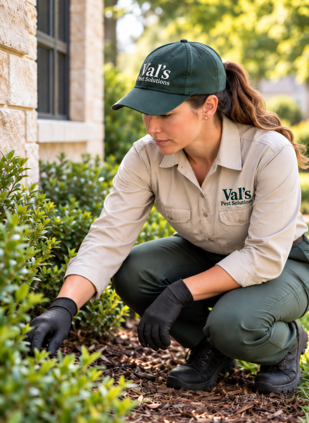 Val&rsquo;s Pest Solutions technician inspecting plants beside a home