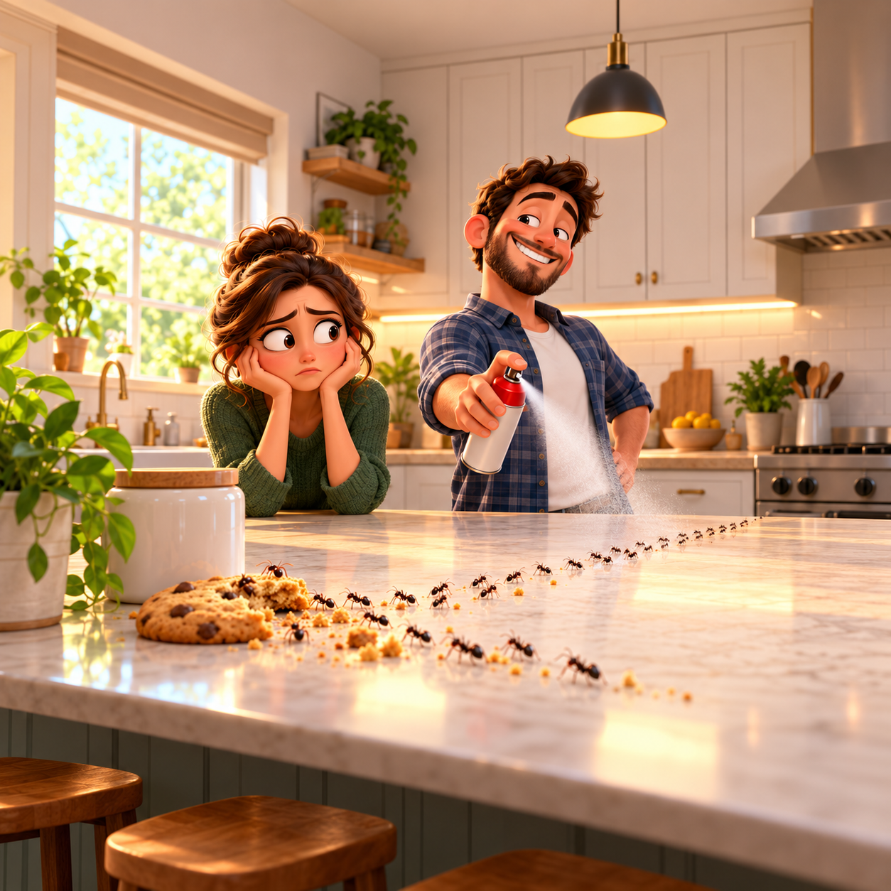 Couple in a kitchen with ants on the counter